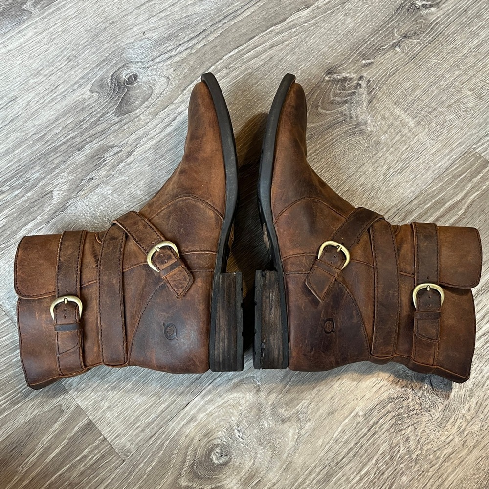 Born Brown Leather Moto Ankle Boots Buckle Straps D76252 Women 9.5 M
